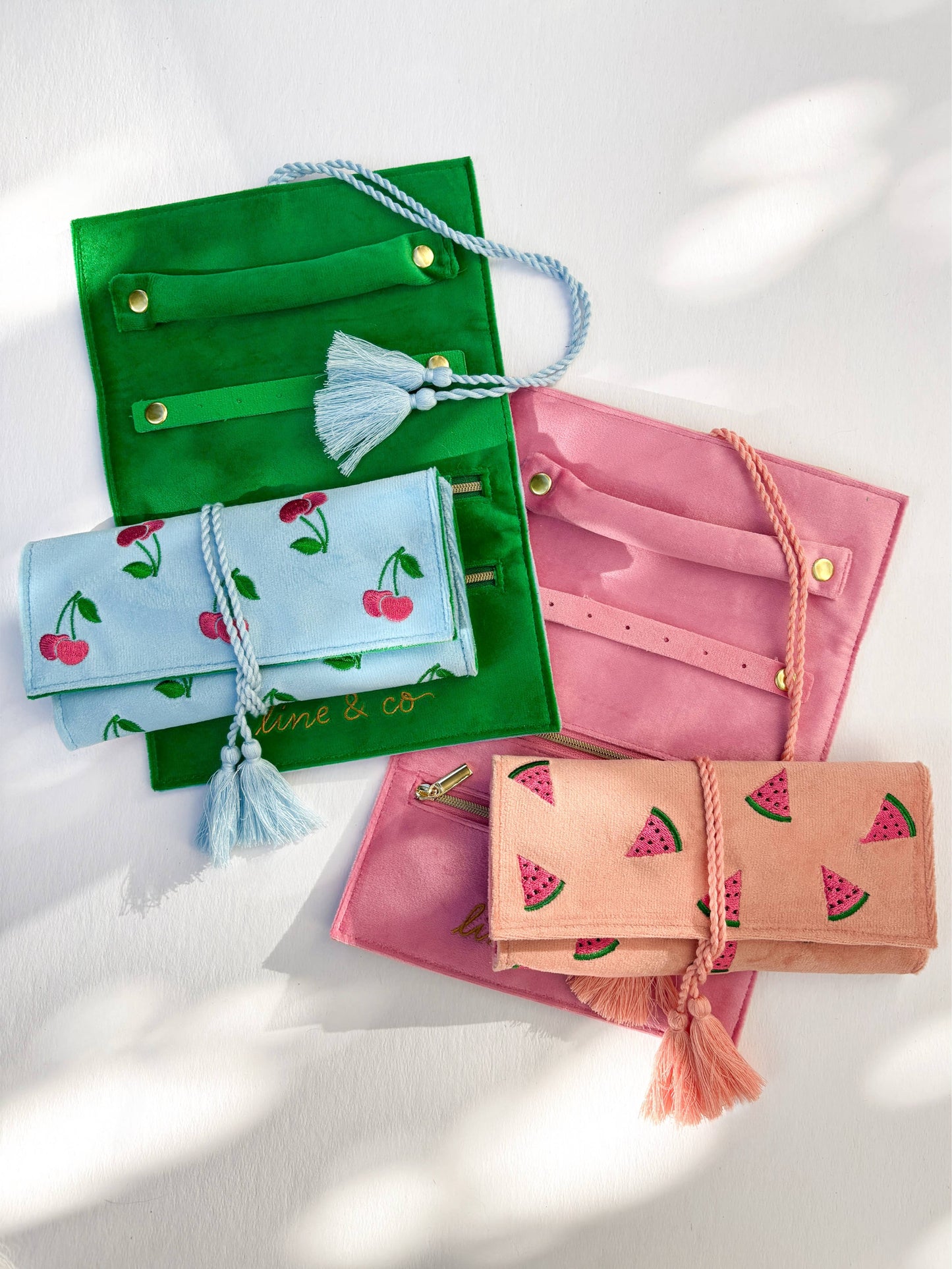 Cherry Travel Jewelry Roll // Embroidered Velvet 