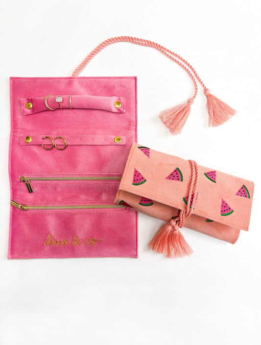 Watermelon Travel Jewelry Roll // Embroidered Velvet