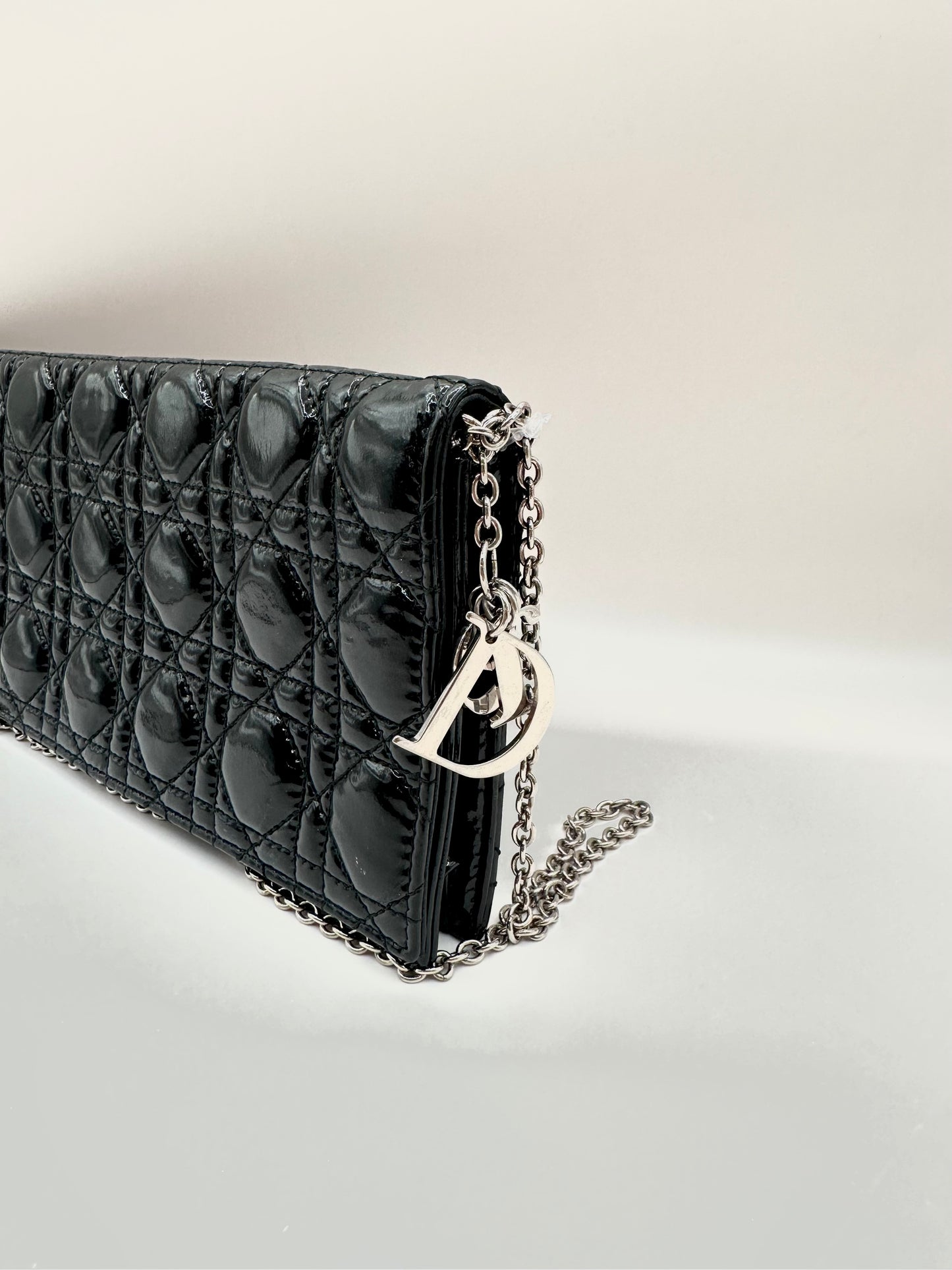 Dior Black Patent Cannage Leather 'Lady Dior' Chain Clutch