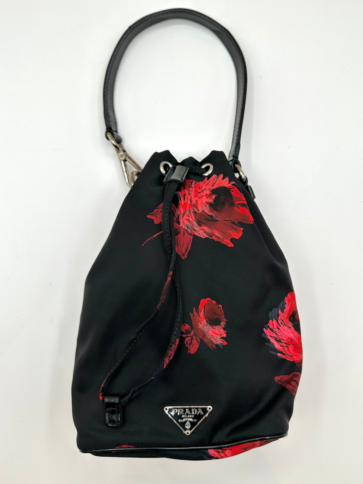 Prada Tessuto Nylon Black/Red 'Stampato' Rose Print Bucket Bag