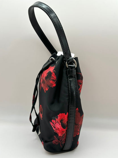 Prada Tessuto Nylon Black/Red 'Stampato' Rose Print Bucket Bag