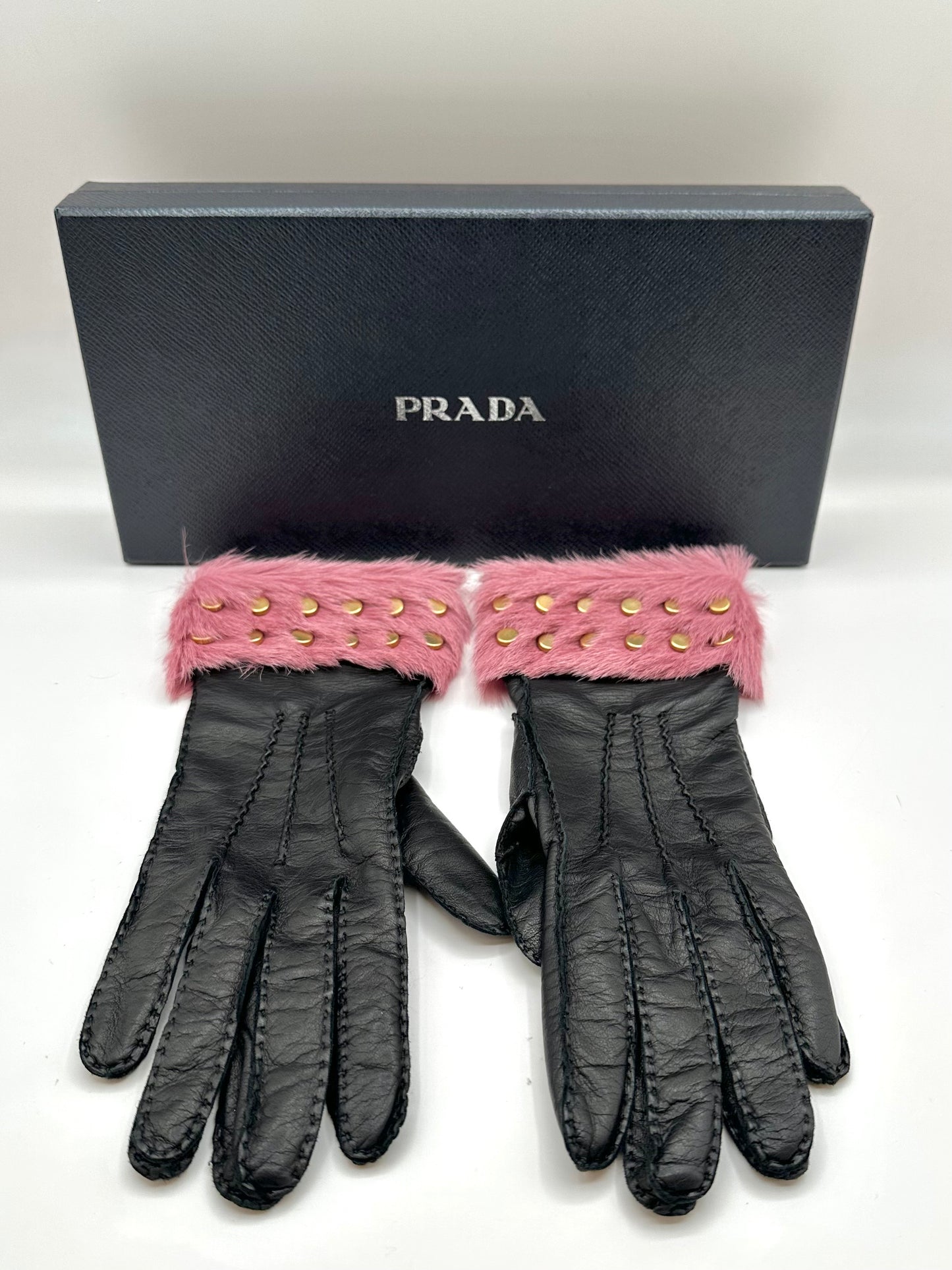 Prada Black Leather and Pink Fur Gloves