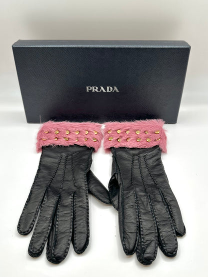 Prada Black Leather and Pink Fur Gloves