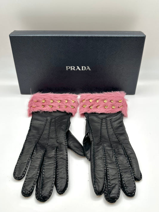Prada Black Leather and Pink Fur Gloves
