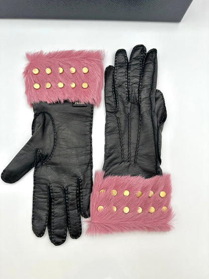 Prada Black Leather and Pink Fur Gloves