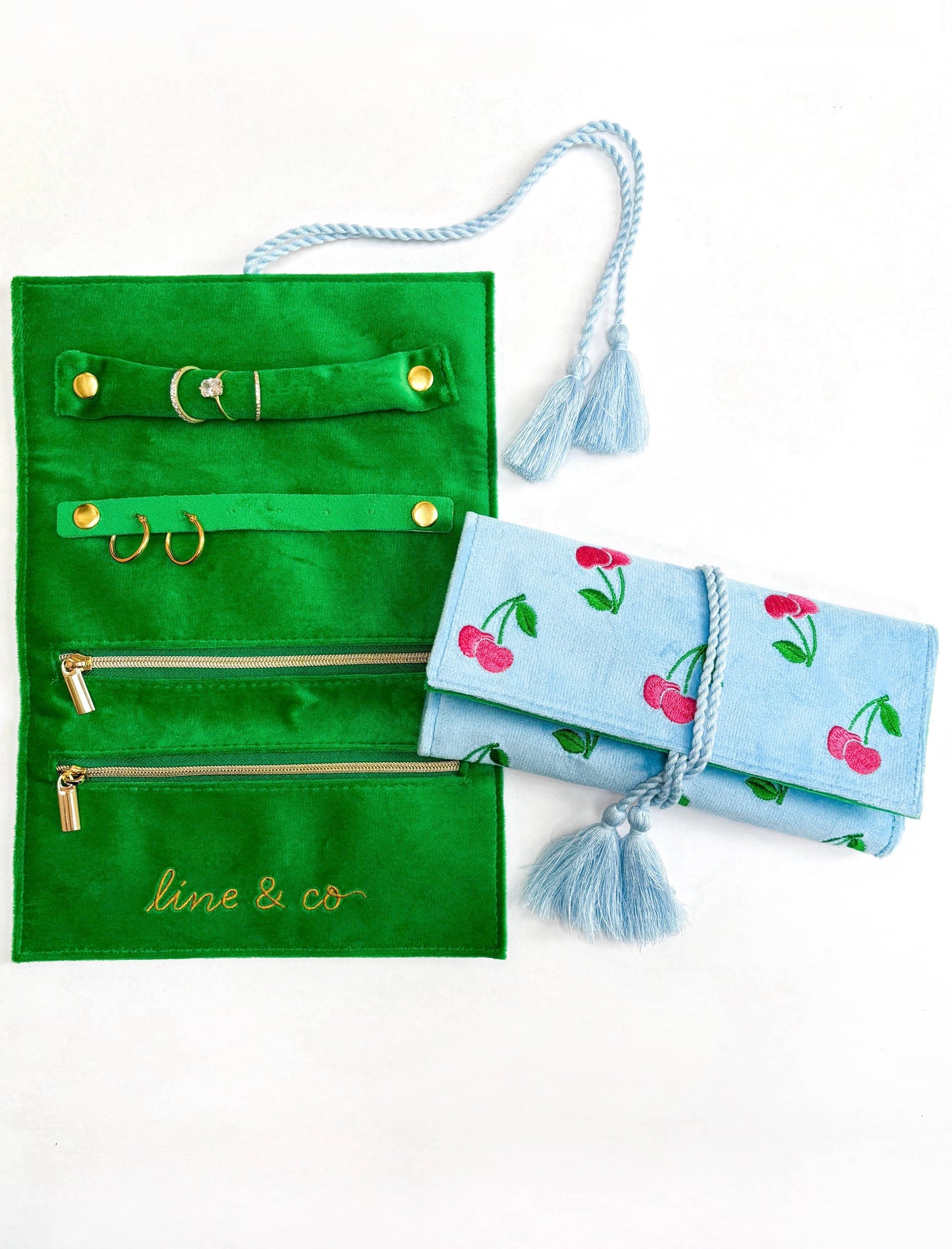 Cherry Travel Jewelry Roll // Embroidered Velvet 